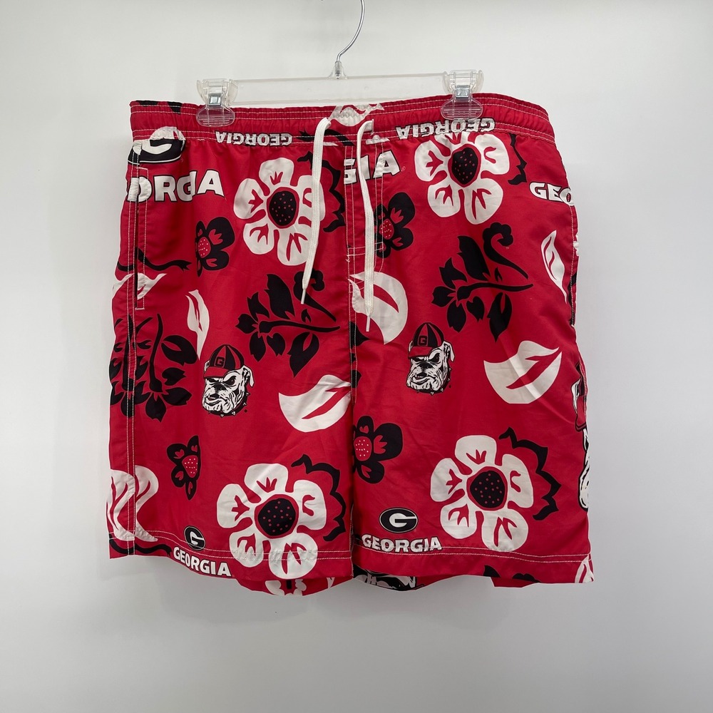 Wes and Willy Georgia Bulldogs Swim Trunks Mens 2XL Red Floral Hawaiian Shorts